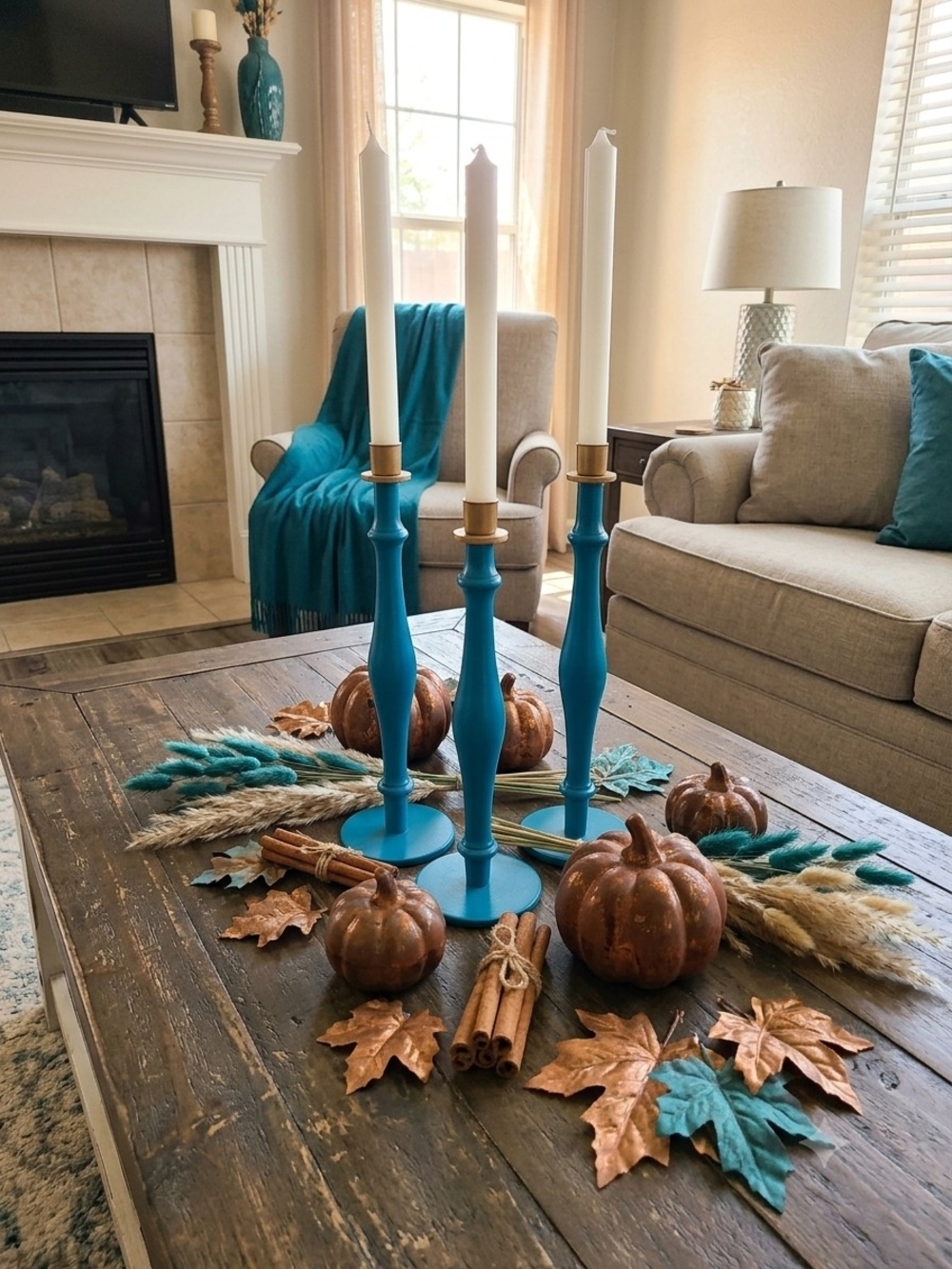 Set of 3 Blue Turquoise Teal Painted Wood Candlesticks w/ Gold Tone Holders